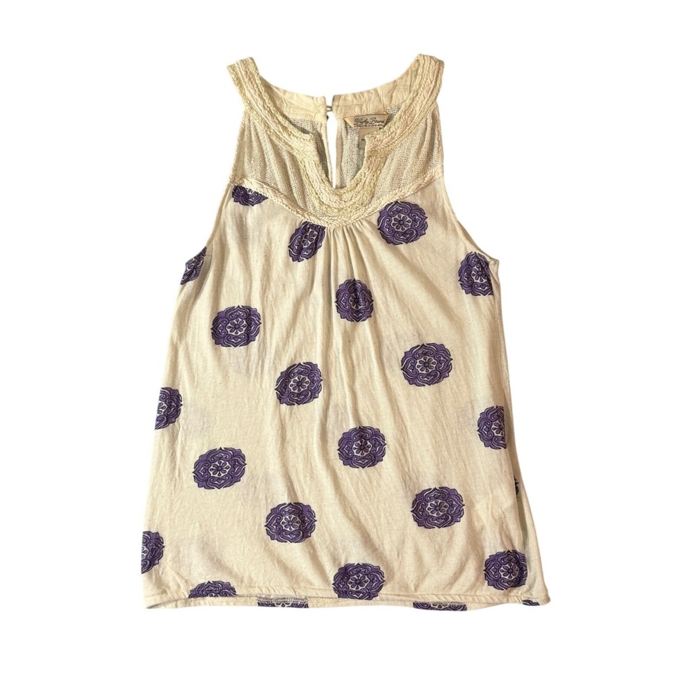Lucky Brand Womens L Boho Tank Top Purple Medallion Crochet Knit Sleeveless